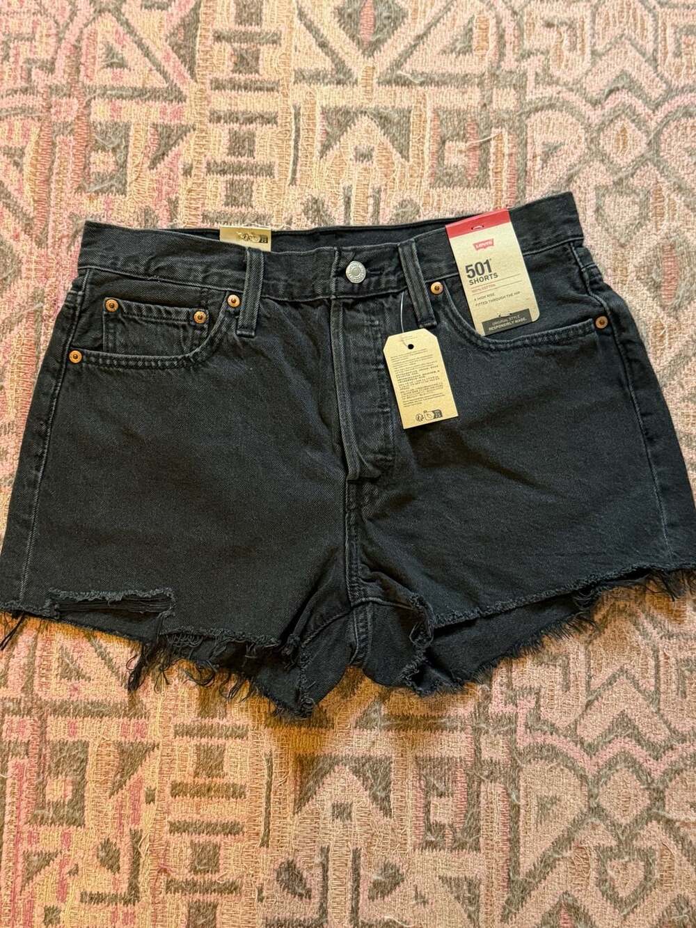 Levi's 501 Shorts Size 29 Black Denim High Rise Frayed Hem